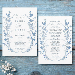 Elegante Franse Blauwe Botanische Trouwceremonie Programma
