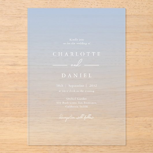 Elegante Franse Blue Gradient Acryl bruiloft Acryl Uitnodigingen (Voorkant)