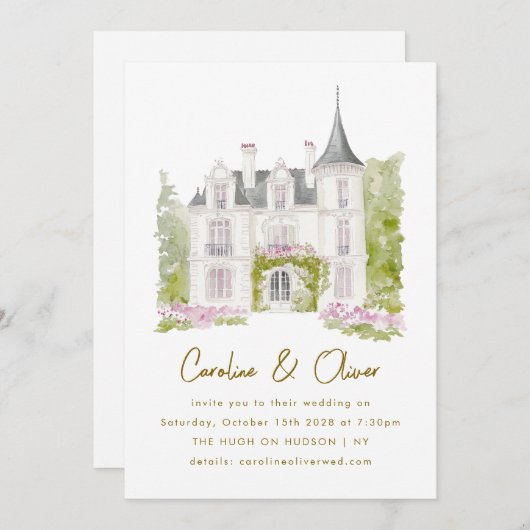 Elegante Franse Chateau Waterverf bruiloft Kaart (Voorkant / Achterkant)