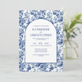 Elegante Franse Country Blue Toile Floral Wedding Kaart (Staand voorkant)