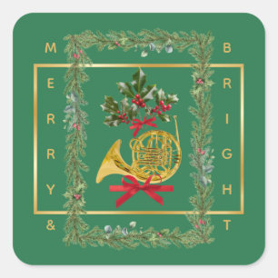 Elegante Franse Hoorn Kerst Groen Vierkante Sticker