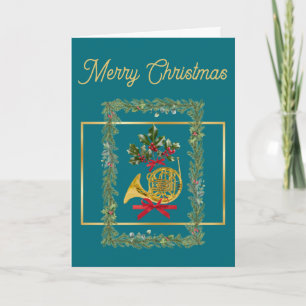 Elegante Franse Hoorn Kerst Teal Feestdagen Kaart