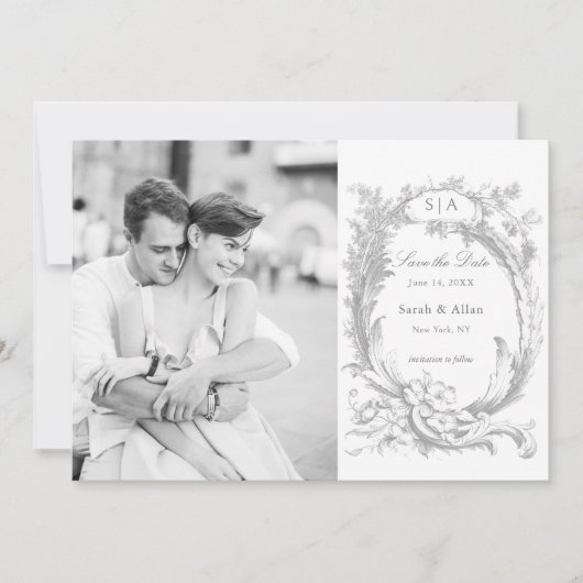 Elegante Franse rococo bloemfoto Save The Date (Voorkant)