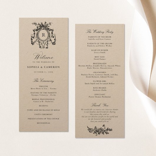 Elegante Franse Rozen Crest Kraft Papier Bruiloft Programma