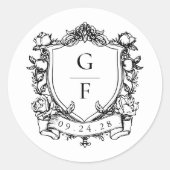 Elegante Franse Rozen Monogram Crest Wedding Ronde Sticker (Voorkant)