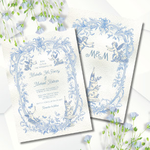 Elegante Franse Toile Bloemen cupido engel bruilof Kaart