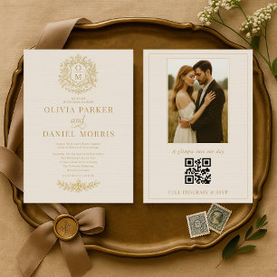 Elegante Franse Victoriaanse foto QR-code trouwkaa Kaart