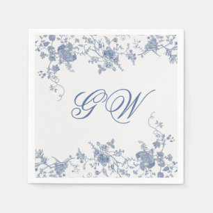 Elegante Franse Vintage Blauwe Bloem Jouy Servet