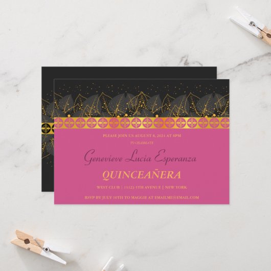 Elégante frontière or Quinceañera Invitation (Devant/Arrière en situation)