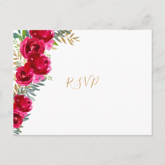 Elegante fuchsia bloem gouden trouw RSVP + menu (Voorkant)