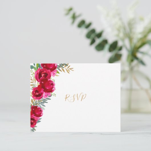 Elegante fuchsia bloem gouden trouw rsvp + menu ka (Staand voorkant)