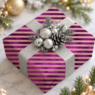Elegante Fuchsia Moderne Gestreepte Kerstvakantie Cadeaupapier