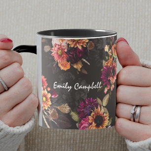 Elegante Fuchsia Oranje Bloemrijke Monogram Mok