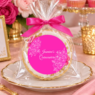 Elegante Fuchsia Roze en Witte Bloem Quinceanera Ronde Sticker