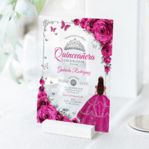 Elegante Fuchsia Roze Rozen Zilveren Quinceanera Acryl Uitnodigingen