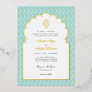 Elegante Ganesh Indiase bruiloft Aqua en goud Folie Uitnodiging