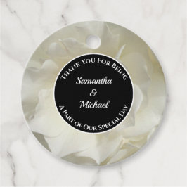 Elegante gast dank u witte roos foto bruiloft bedankjes labels