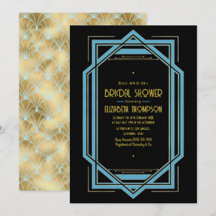 Elegante Gatsby Art Deco Blauwe & Gouden Bruidsdou Kaart