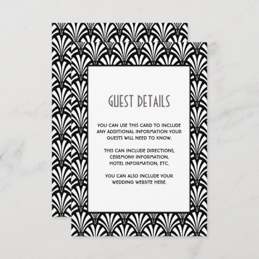 Elegante Gatsby Art Deco Zwart-wit Gastinformatie Informatiekaartje (Voorkant / Achterkant)
