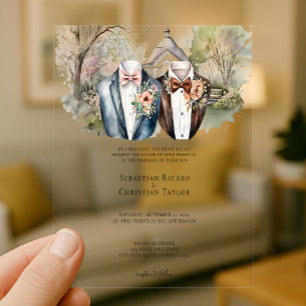 Elegante Gay Garden Wedding Twee bruidegoms in pak Acryl Uitnodigingen
