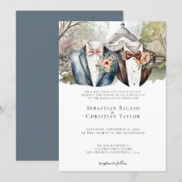 Elegante Gay Garden Wedding Twee bruidegoms in pak Kaart