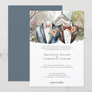 Elegante Gay Garden Wedding Twee bruidegoms in pak Kaart