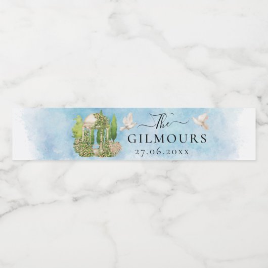 Elegante Gazebo bloemen duiven bruiloft Luxe Spark Waterfles Etiket (Enkel label)