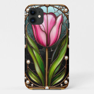Elegante Gebrandschilderde Tulp Met Gouden Frame iPhone 11 Hoesje