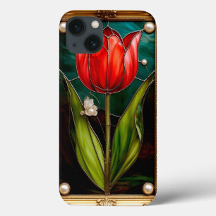 Elegante Gebrandschilderde Tulp Met Gouden Frame iPhone 13 Hoesje