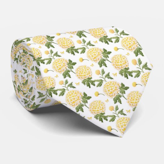 Elegante Geel Hydrangea Bloem Vlinders Patroon Stropdas (Opgerold)