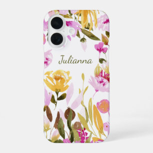 Elegante Geel Roze Waterverf Bloemstuk Met Naam iPhone 16 Hoesje