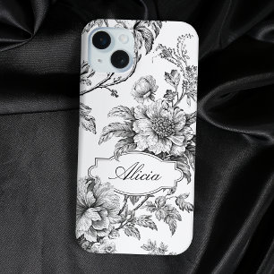 Elegante gegraveerde B&W Bloemen w/Name of Monogra iPhone 15 Mini Hoesje