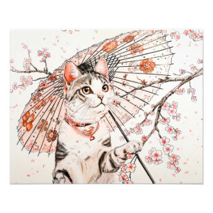 Elegante Geisha Kat met Sierlijke Parasol en Kerse Foto Afdruk