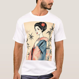Elegante Geisha met bamboe en inkt patronen T-shirt