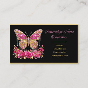 Elegante Gejuweelde Vlinder & Roze Zwart Goud Visitekaartje