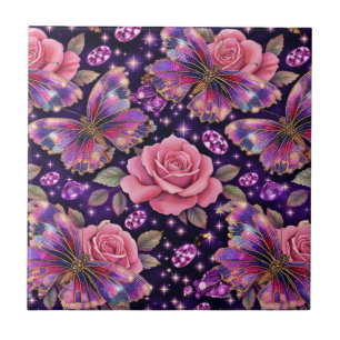 Elegante Gejuwelen Vlinder Roze Glam Patroon Tegeltje