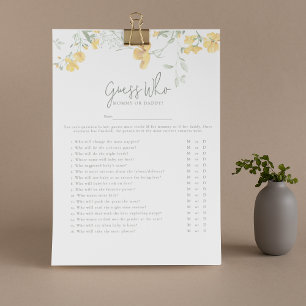 Elegante Gele Bloem 'Raad Wie' Baby Shower Spel Flyer