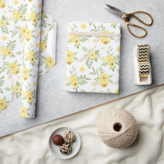 Elegante Gele Bloemen & Groene Planten Cadeaupapier