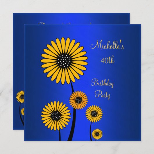 Elegante Gele Bloemige Blauwe 40e Verjaardag Kaart (Voorkant / Achterkant)