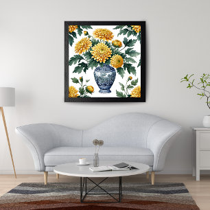 Elegante gele chrysanten in blauw porselein Va Foto Afdruk