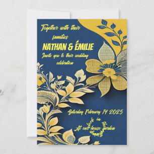Elegante gele en blauwe huwelijksuitnodiging kaart