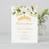 Elegante gele gouden witte Quinceanera  Folie Uitnodiging (Staand Voorkant)