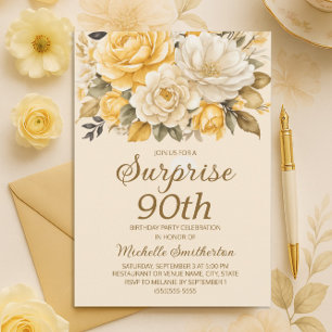 Elegante gele ivoorcrème Floral Surprise 90th Kaart