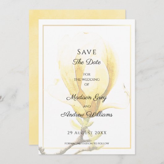 Elegante Gele Magnolia Save the Date Uitnodiging (Voorkant / Achterkant)