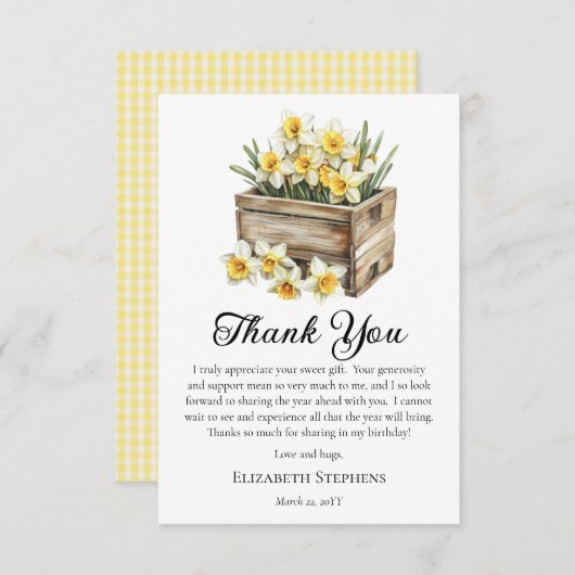 Elegante gele narcissen Floral Crate Verjaardag Bedankkaart (Voorkant / Achterkant)