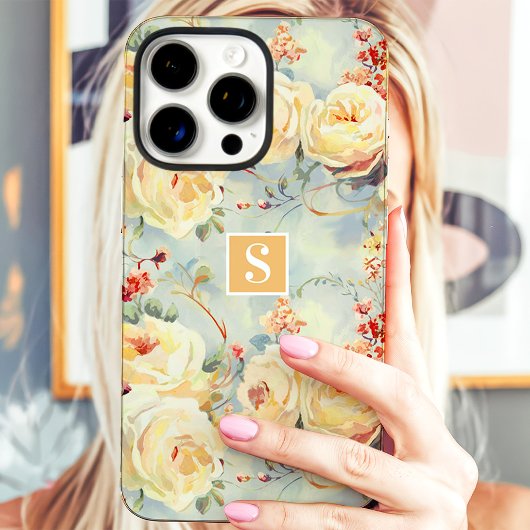 Elegante Gele Rozen Monogram Bloemstuk Case-Mate iPhone Case