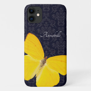 Elegante Gele Vlinder Zwarte Damast Naam Toevoegen iPhone 11 Hoesje