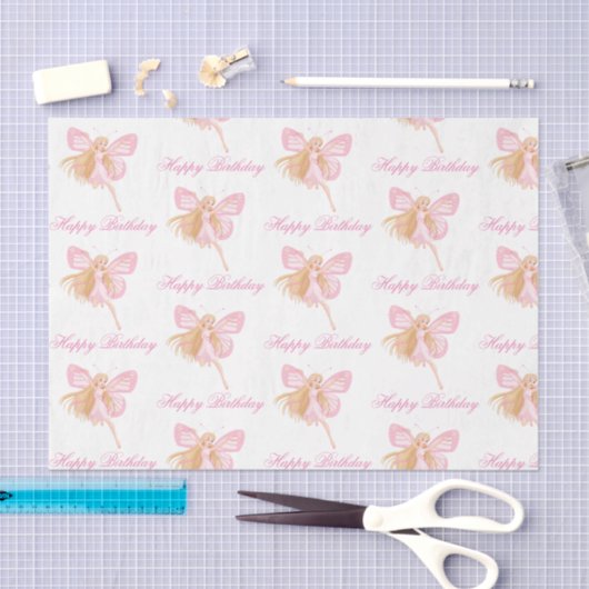 Elegante Gelukkige Verjaardag Roze Fairy Patroon M Tissuepapier (Craft)
