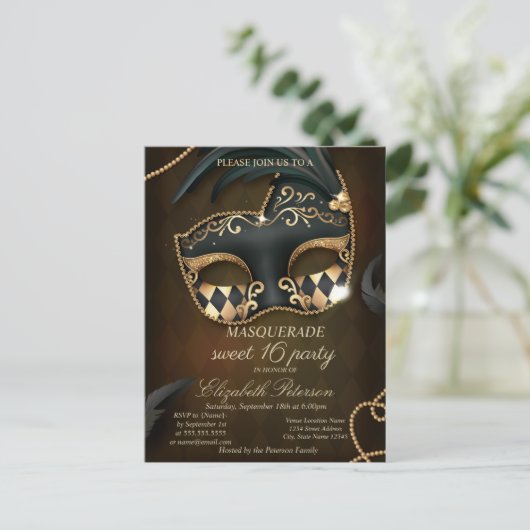 Elegante gemaskerde Sweet 16 Uitnodiging Briefkaart (Staand voorkant)