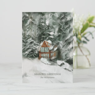 Elegante gepersonaliseerde Snowy Cabin Christmas K Feestdagenkaart